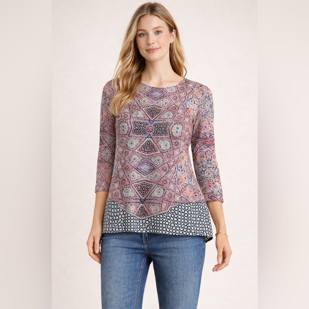 Maeve Anthropologie Boho Geometric Print 3/4 Sleeve Tunic Top Size 4